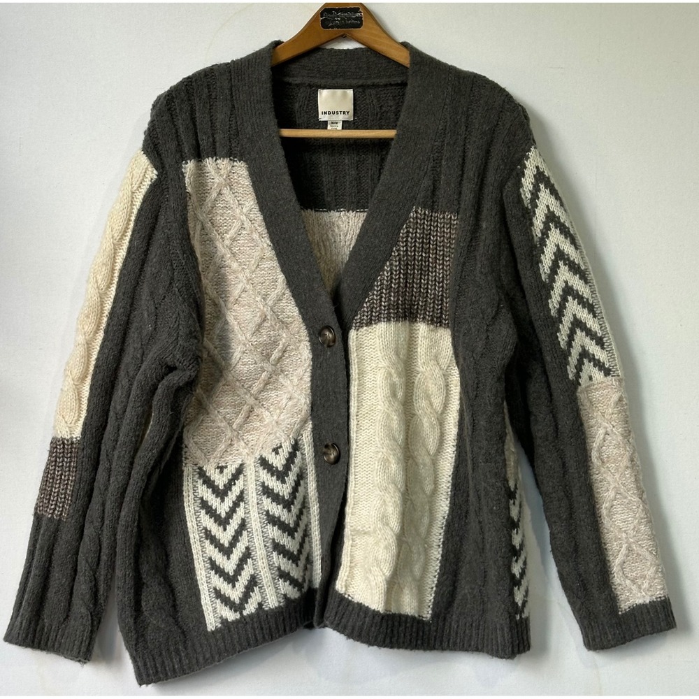 Industry Patchwork Wool Blend Cardigan Sweater Academia Soft Womens M